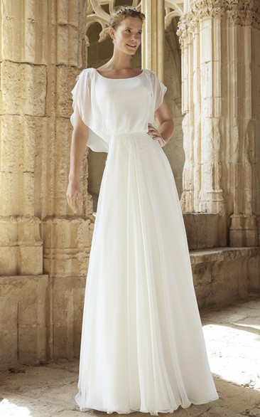 A-Line Floor-Length Poet-Sleeve Square Chiffon Wedding Dress With Deep-V Back And Sweep Train