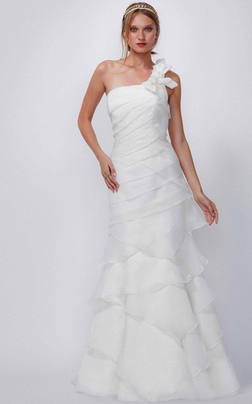 One-Shoulder Floor-Length Tiered Chiffon Wedding Dress With Brush Train And Lace Up