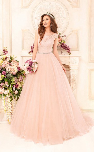 Long Bateau Neck Short Sleeve A-line Tulle Princess Wedding Dress With Beaded Waist