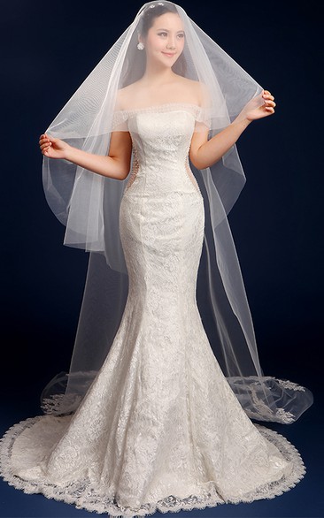 Tulle Cathedral Wedding Veil with Lace Edge and Appliques