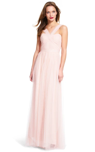 Sheath Strapped Maxi Sleeveless Tulle Bridesmaid Dress With Ruching And Zipper
