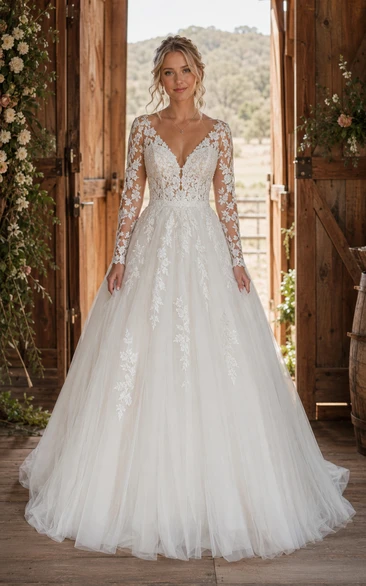Long Sleeve A-Line Lace Country Wedding Dress with Full Tulle Skirt