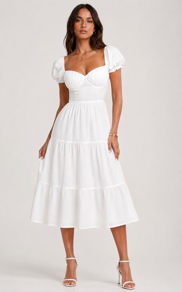 Satin Cocktail Dress in White, Sweetheart A-Line Tea-Length Gown with Tiers