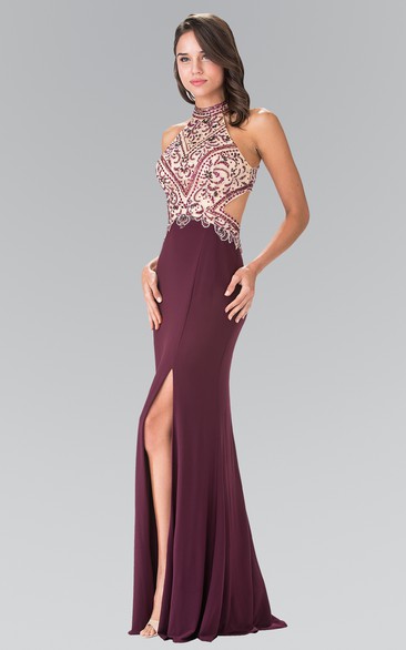 Two-Piece Sheath Long High Neck Sleeveless Jersey Zipper Dress With Split Front And Beading