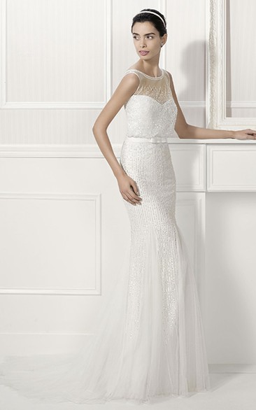 Jewel Neck V Back Sheath Tulle Bridal Gown With Belt