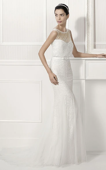 Jewel Neck V Back Sheath Tulle Bridal Gown With Belt
