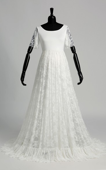A-line Scoop Illusion Short Sleeve Floor-length Satin Lace Wedding Dress with Sweep/Brush Train