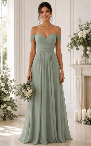 Sage Off-the-Shoulder Chiffon A-Line Bridesmaid Dress