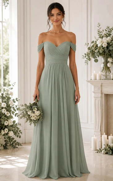 Sage Off-the-Shoulder Chiffon A-Line Bridesmaid Dress