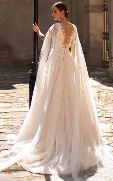 A Line Sexy Tulle Sweep Train Lace Wedding Dress with Appliques and ...