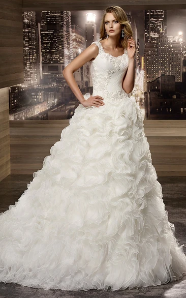 Square-neck Cap sleeve Lace Wedding Dress with Cascading Ruffles and Pleated Details
