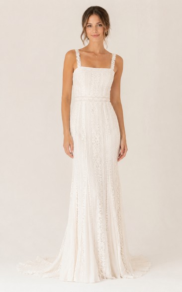 Simple Casual Sheath Wedding Dress Sleeveless Square Neck Lace Floor Length Sweep Train White