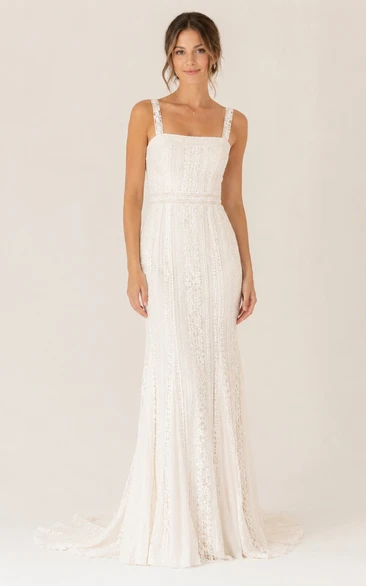 Simple Casual Sheath Wedding Dress Sleeveless Square Neck Lace Floor Length Sweep Train White