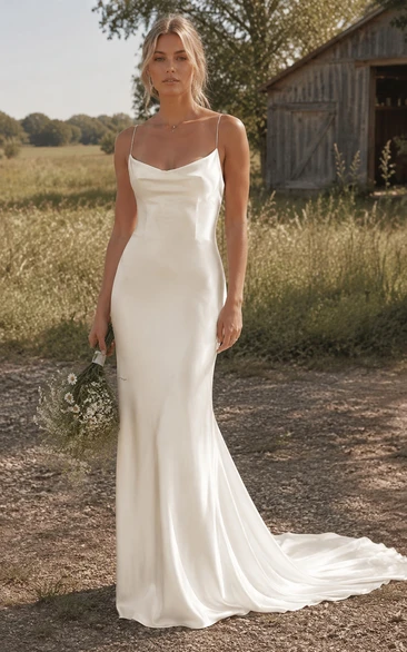 Simple Cowl Neck Satin Sheath Country Wedding Dress with Spaghetti Straps