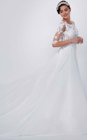 A-Line Appliqued Scoop-Neck Floor-Length Half-Sleeve Lace&Chiffon Wedding Dress