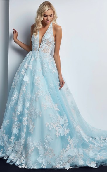Plunged Sleeveless Sky Blue Lace Applique A-line Ball Gown Prom Dress