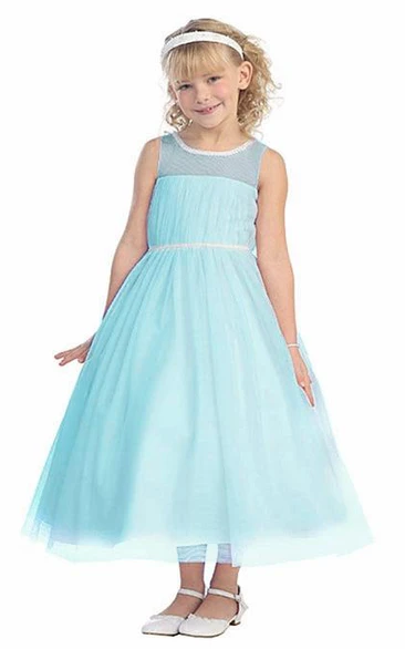 Tea-Length Pleated Bell-Sleeve Flower Girl Dress With Illusion