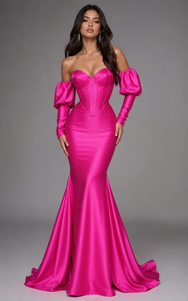 Vestido de fiesta rosa fucsia con corsé y mangas desmontables, estilo sirena.