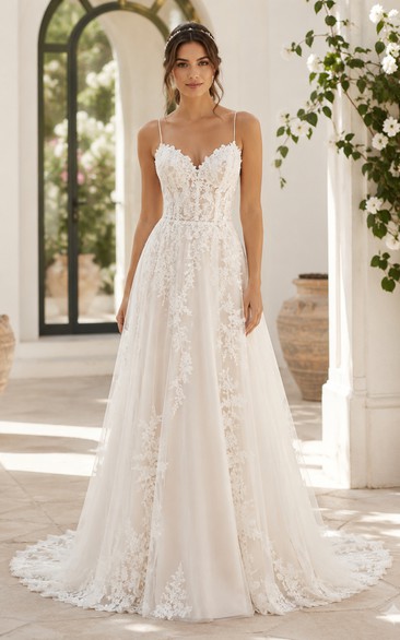 Spaghetti Strap Lace A-Line Wedding Dress with Plunging V-Neck and Chapel Train