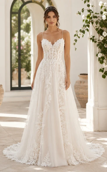 Spaghetti Strap Lace A-Line Wedding Dress with Plunging V-Neck and Chapel Train