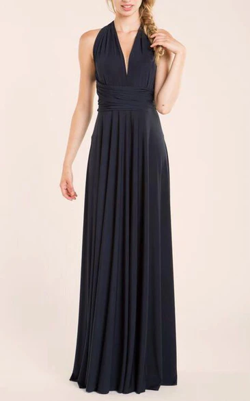 V Neck Pleated A-line Jersey Long Dress With Back Keyhole