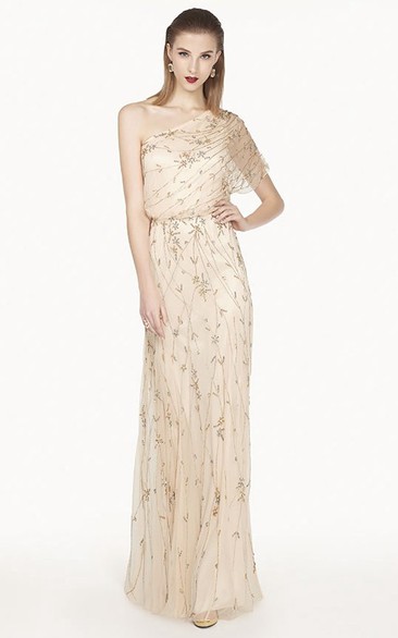 One Shoulder Tulle Long Prom Dress With Single Batwing Sleeve And Embroidery