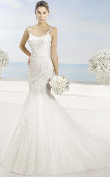 Mermaid Maxi Appliqued Sleeveless Spaghetti Lace Wedding Dress With Chapel Train And Illusion Back