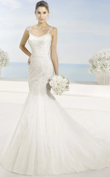 Mermaid Maxi Appliqued Sleeveless Spaghetti Lace Wedding Dress With Chapel Train And Illusion Back