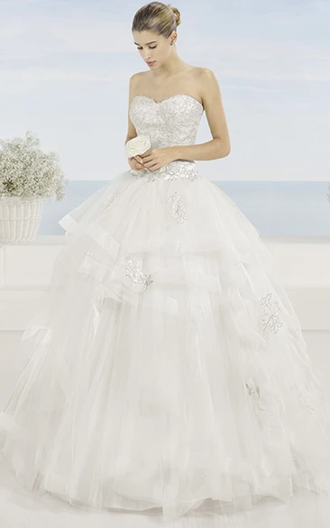 Ball Gown Draped Sweetheart Tulle Wedding Dress With Beading