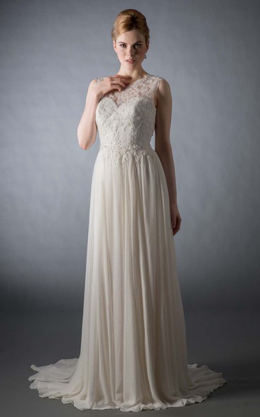 Long Scoop Appliqued Chiffon Wedding Dress With Sweep Train And Illusion