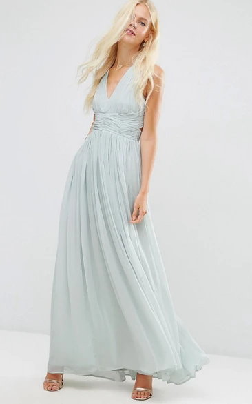 A-Line Ankle-Length Sleeveless Ruched V-Neck Chiffon Bridesmaid Dress