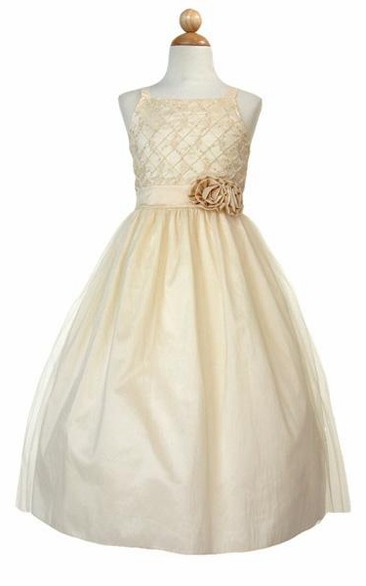 Tea-Length Sleeveless Embroideried Tulle&Taffeta Flower Girl Dress