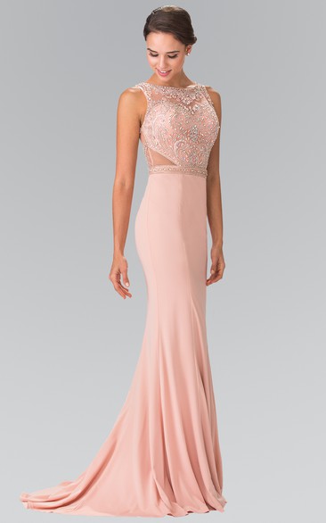 Sheath Long Bateau Sleeveless Jersey Illusion Dress With Beading And Pleats