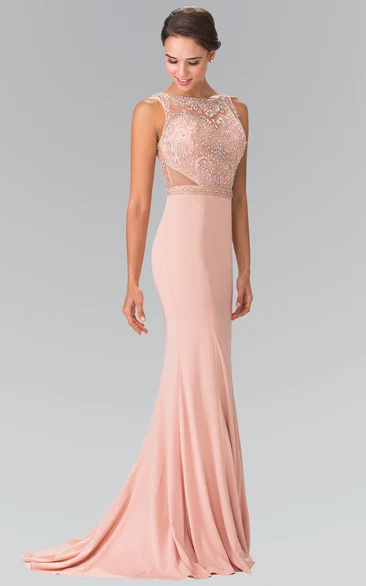 Sheath Long Bateau Sleeveless Jersey Illusion Dress With Beading And Pleats