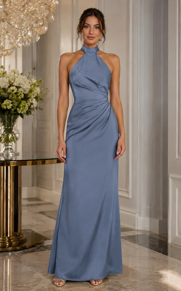 Sheath Halter Satin Bridesmaid Dress with Ruching