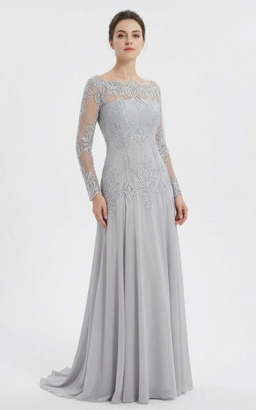 Long Sleeve Bateau Neck Lace & Chiffon MOB Gown