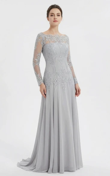 Long Sleeve Bateau Neck Lace & Chiffon MOB Gown