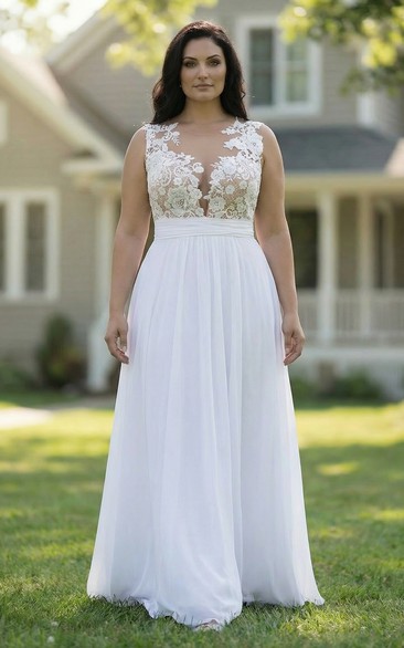 Sheer Bateau Neck Plus Size Wedding Gown