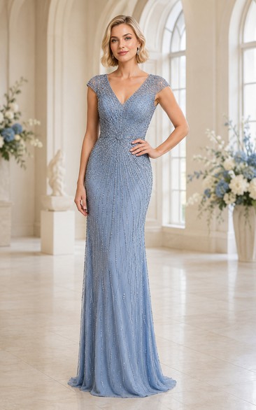 Steel Blue Cap Sleeve Lace Sequin Sheath Formal Dress with V-Neck