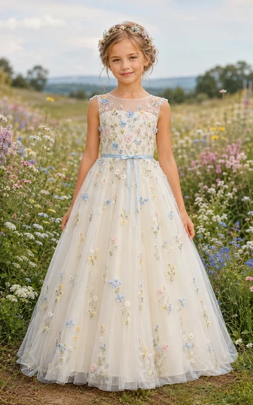A-Line Blue Floral Embroidered Tulle Flower Girl Dress