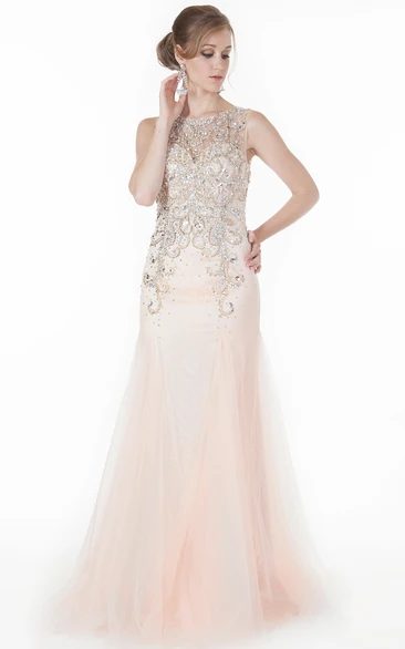 A-Line Jewel-Neck Beaded Sleeveless Floor-Length Tulle Prom Dress