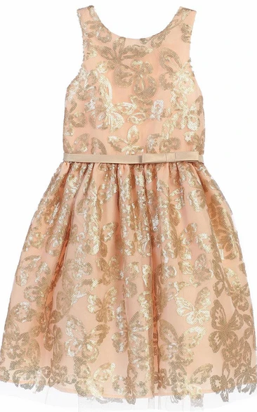 Knee-Length Appliqued Bowed Tulle&Sequins Flower Girl Dress With Tiers