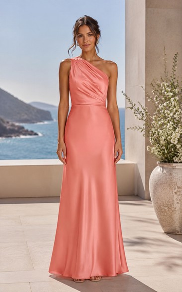 Coral One-Shoulder Satin Sheath Bridesmaid Dress