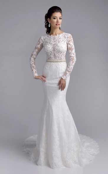 Mermaid Long Sleeve Lace Bateau Neck Wedding Dress Featuring Shimmering Detailing