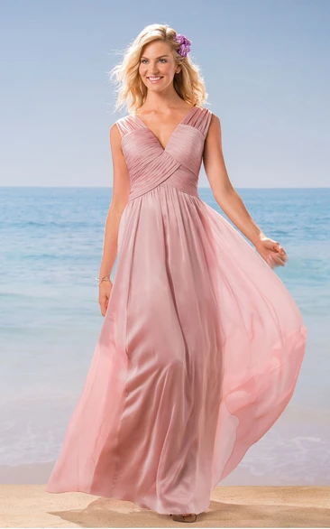 Sleeveless V-Neck A-Line Long Bridesmaid Dress With Pleats And V-Back