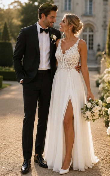 Minimalist Beach Simple Wedding Dress | Chiffon Elopement Casual Gown with Lace Top