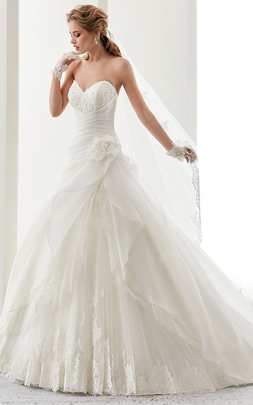 Sweetheart A-line Gown with Bandage Waist and Side Flower Ruffles