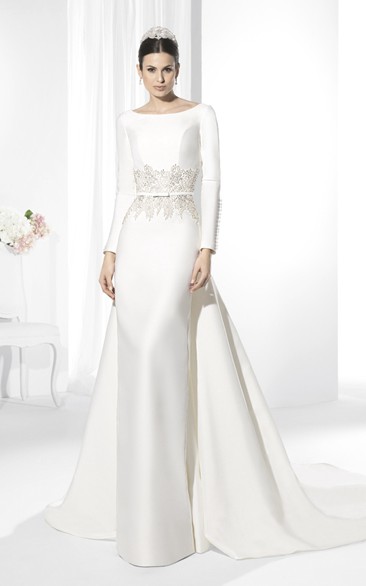 Long Scoop Appliqued Long-Sleeve Satin Modest Wedding Dress With Court Train And V Back