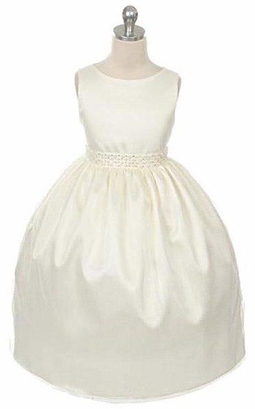 Tea-Length Tiered Sleeveless Satin Flower Girl Dress