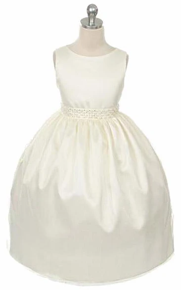 Tea-Length Tiered Sleeveless Satin Flower Girl Dress